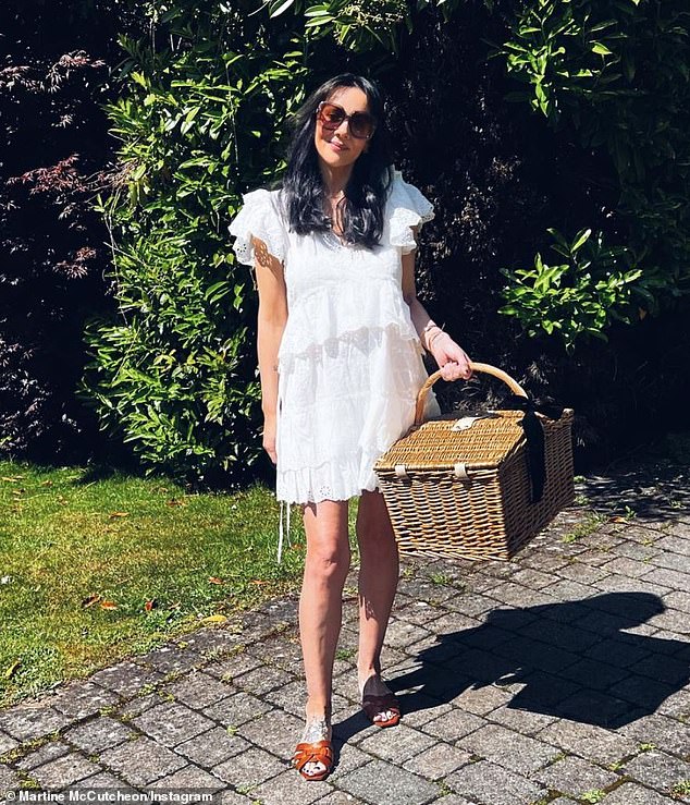 Gorgeous: Martine McCutcheon looks slimmer than ever in a white lace dress as she visits her mother-in-law for a picnic with son Rafferty, 7 on Sunday