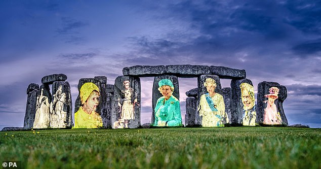 The illuminated stone circle on Salisbury Plains, Wiltshire, included a black and white photograph of the now 96-year-old at her coronation in June 1953, when she was just 27