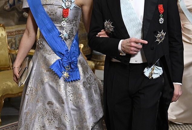 Stockholm was awash with glitz and glamour this evening as the Swedish royal family hosted a gala dinner for President Macron and his wife Brigitte. Pictured: Crown Princess Victoria and Prince Daniel