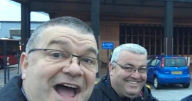 Geoff Lovejoy (left) videoed long-time friend Sean McAleer (right) performing a mock striptease at work