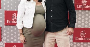 Steele Sidebottom and his wife Alisha Edwards are expecting their second child together any day now. The Collingwood footballer and his wife revealed that their baby may arrive 'any minute' as they attended the Australian Open in Melbourne on Friday. Both pictured
