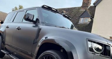 Stay-at-home-mother Hannah Platts, 40, and husband Kareem Chester, 39, were forced to sell their nearly brand new top-of-the-range Land Rover Defender (pictured) at a £14,000 loss in November after an insurance company cancelled her policy just one month after buying it