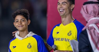 Cristiano Ronaldo Jr (left) has followed in the footsteps of his father (right) in scoring an impressive free kick