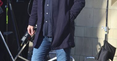 Danny Dyer looked hard at work on Monday as he filmed scenes for The Football Factory sequel, two decades after the original