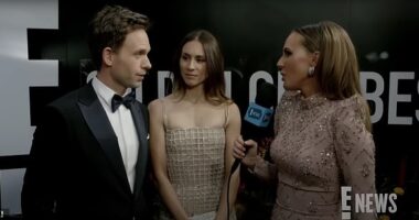 Actor Patrick J Adams (pictured, left) and his wife Troian Bellisario (pictured, centre) were interviewed at the Golden Globes