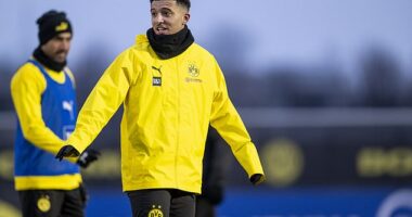 Jadon Sancho pictured on the training field with Borussia Dortmund after he returned to the German club on loan from Manchester United