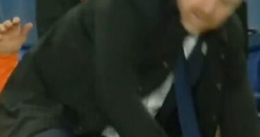 Everton manager Sean Dyche took a tumble after being caught by Luton's Luke Berry