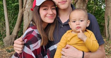 Tristan Denholm, from Missouri , was just 18 when he discovered wife Krishna Ruz Gallegos had fallen pregnant 'unexpectedly' in January 2021 after only dating for a year