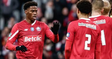 Jonathan David (left) celebrates with his teammates after their third goal at the Pierre-Mauroy