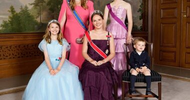 Snapped at a gala dinner celebrating her 18th birthday, held in June 2022. (Pictured front L-R: Princess Estelle of Sweden; Princess Ingrid Alexandra; Prince Charles of Luxembourg and back L-R: Catharina-Amalia, Princess of Orange and Princess Elisabeth, Duchess of Brabant)