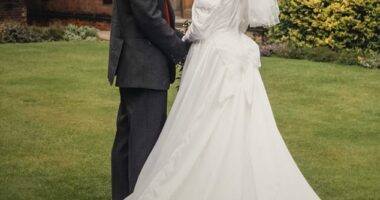 Wedding day: Debbie (then David, left) and Stephanie in 1993