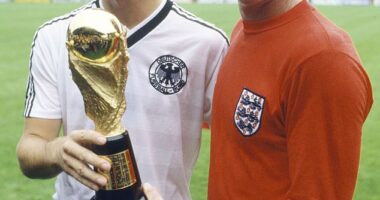 Beckenbauer won the World Cup for West Germany as both a player, in 1974, and a manager in 1990 (pictured with Bobby Moore in 1985)