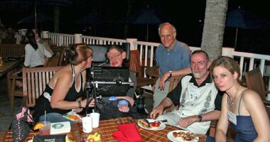 Stephen Hawking pictured at a barbecue on Jeffrey Epstein's Caribbean island Little St. James in 2006