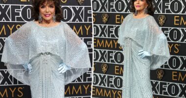 Joan Collins, 90, sparkles on the Emmys 2024 red carpet in blue sequined gown