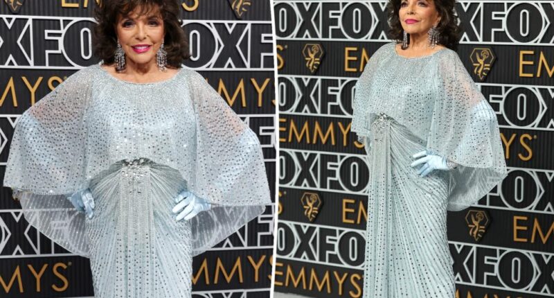 Joan Collins, 90, sparkles on the Emmys 2024 red carpet in blue sequined gown