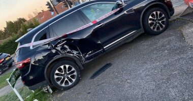 A six-year-old girl and an adult have been rushed to hospital following a car crash at a set of traffic lights which had been damaged in a ULEZ vandalism spree. Pictured: A crashed car in Orpington