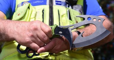 A police officer holds two examples of 'zombie knives' with serrated and hooked blades, each designed to cause lasting damage
