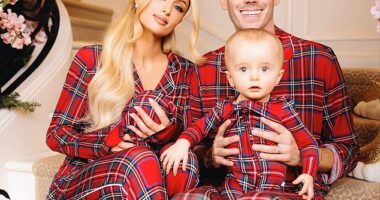 Paris Hilton has detailed her struggles 'balancing it all' as a working mom after welcoming son Phoenix and daughter London in 2023 (pictured with her children and husband Carter Reum)