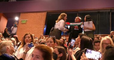 Pro-Palestinian protesters disrupt a conversation with Vice President Kamala Harris and actress Sophie Bush