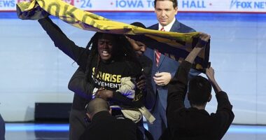 Florida Gov. Ron DeSantis crucial pitch to Iowa voters was derailed by protesters chanting 'no more oil money' on Tuesday night