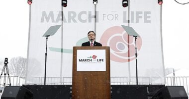 Speaker Johnson spoke exclusively with DailyMail.com after addressing the crowd of over 1,000 pro-life supporters at the 51st Annual March for Life in snowy Washington, D.C., Friday