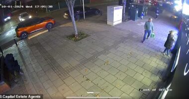 The terrifying footage shows two of the thugs sitting on a park bench waiting for the group of three to get closer