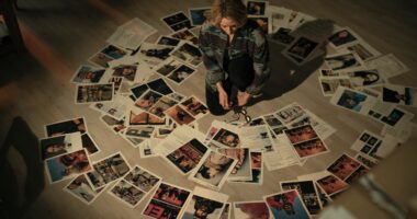 Jodie Foster looking at a circle of photos in True Detective: Night Country