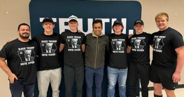 Vivek Ramaswamy (center) has claimed he is 'worried' for Donald Trump after the former president accused him of 'deceitful campaign tricks' in a surprise attack