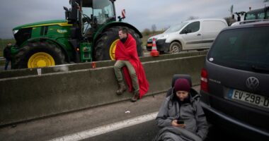 Watch as protesting French farmers block major roads and motorways with tractors for third day