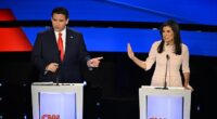 Florida Gov. Ron DeSantis (left) and former U.N. Amb. Nikki Haley (right) got into a tense exchange over whether the U.S. should continue funding the war in Ukraine during Wednesday night's GOP debate in Des Moines