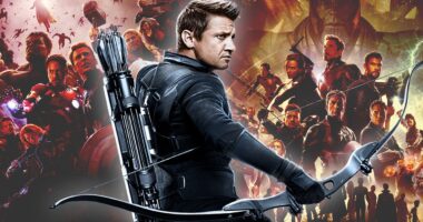 Hawkeye from the MCU with posters for Avengers: Age of Ultron and Avengers: Endgame in the background