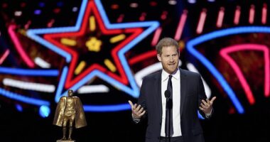Prince Harry has returned to the United States to hand out an NFL award just a day after leaving the UK following a short meeting with his cancer-stricken father King Charles III