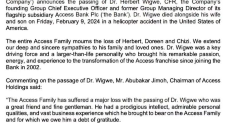 Access Holdings confirms death of Herbert Wigwe, wife and son in helicopter crash