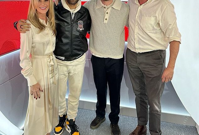 Amanda Holden, (left), revealed her parents are starring'in Happy Valley star James Norton's, (second from right) new Cornwall-based TV drama when he and Kingsley Ben-Adir appeared on Heart Breakfast on Monday