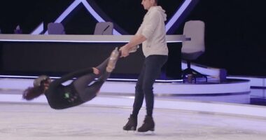 Amber Davies was seen being flung through the air by skating partner Simon Proulx-Senecal as they rehearsed the headbanger ahead of Sunday night's Dancing On Ice
