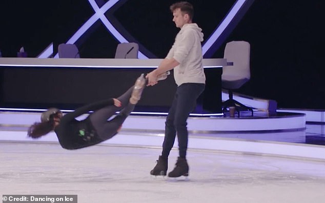 Amber Davies was seen being flung through the air by skating partner Simon Proulx-Senecal as they rehearsed the headbanger ahead of Sunday night's Dancing On Ice