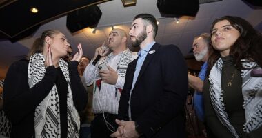 Layla Elabed, Abbas Alawich, Dearborn Mayor Abdullah Hammoud and Lexis Zeidan spoke to supporters in Dearborn as 'uncommitted' gathered thousands of votes in Michigan