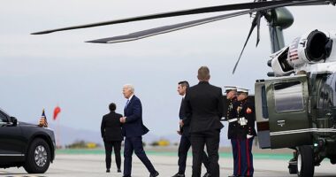 President Biden exits Marine One to get into his motorcade in Santa Monica