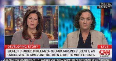 Rep. Katie Porter (right), a Democratic candidate for the U.S. Senate in California , said Monday night to CNN's Erin Burnett (left) that 22-year-old Laken Riley's death 'shouldn't shape our overall immigration policy'