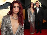 Dua Lipa stuns in a plunging silver gown as she attends the 66th annual Grammy Awards with devoted dad Dukagjin after confirming romance with  Callum Turner