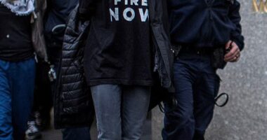 Euphoria star Hunter Schafer was among the 33 pro-Palestinian protesters who were arrested for storming the lobby of New York City 's Rockefeller Center on Monday. She is pictured as officers escorted her out of the building