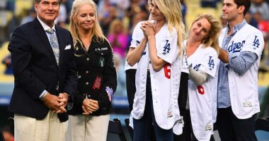 Former Dodger Steve Garvey stands with his wife Candace and some of his children in a ceremony honoring him before a MLB game between the Philadelphia Phillies and the Los Angeles Dodgers on June 1, 2019