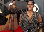 Fantasia Barrino grabs attention with sparkling diamond lip piece and sheer black dress at Grammys 2024 in LA
