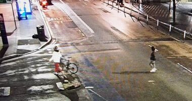 CCTV footage of Abdul Ezedi (bottom right wearing a black jacket), the suspect in the Clapham alkaline substance attack, crossing over Chelsea Bridge