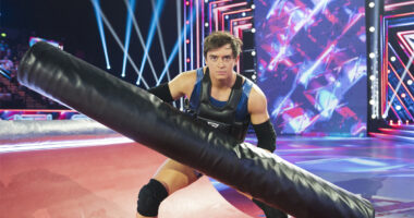 Apollo holding a padded pole in the Gauntlet of BBC One's Gladiators