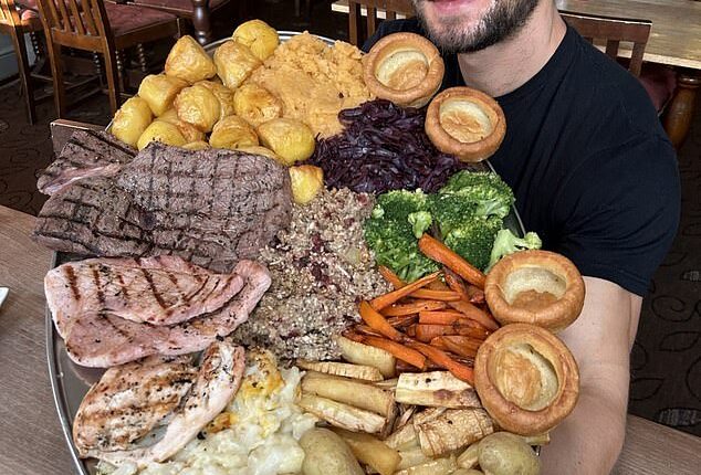 Joel Hansen, from Toronto, Ontario, jetted more than 3,000 miles to take on a 6,000-calorie British Sunday roast challenge