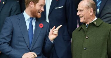 Prince Harry shares a laugh with his grandfather, Prince Philip, at a rugby match in 2015