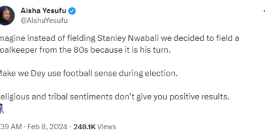 Imagine instead of fielding Stanley Nwabali we decided to field a goalkeeper from the 80s because it is his turn - Aisha Yesufu asks Nigerians to use football sense during election