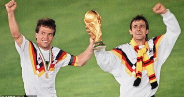 Lothar Matthaus (left) captained West Germany in their 1990 World Cup triumph