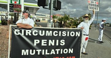 The Bloodstained Men, a radical anti-circumcision protest group, make their voices heard on the streets of Las Vegas this week as the city prepares to host the Super Bowl